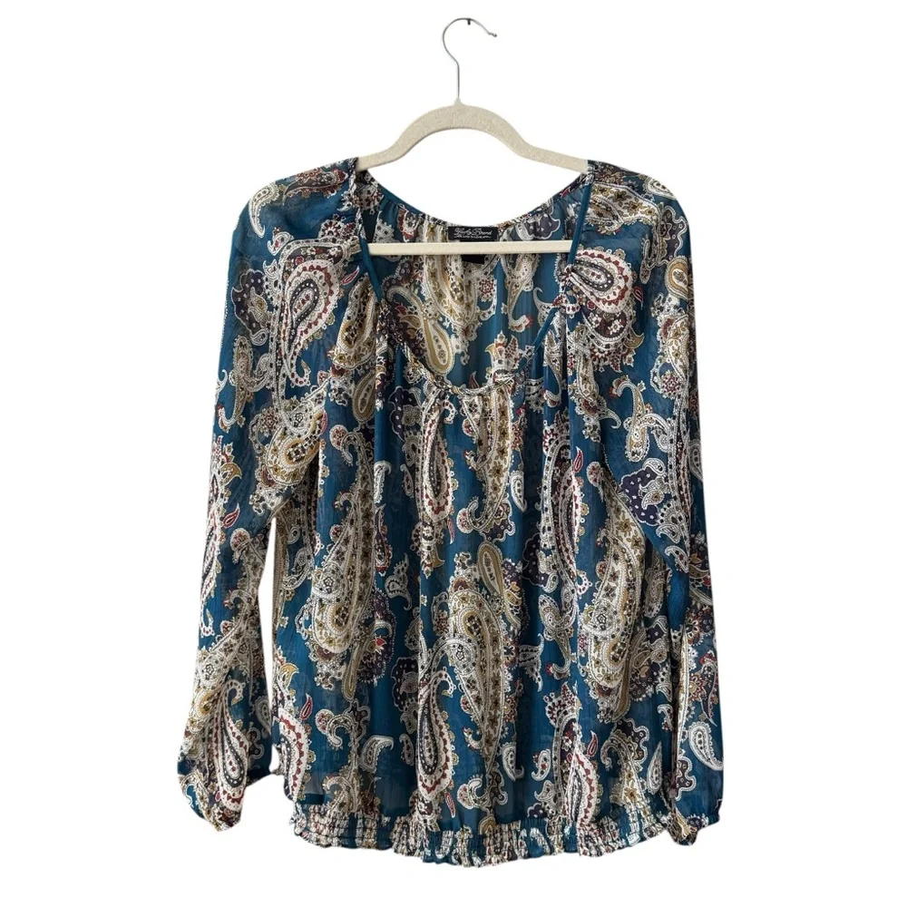 Bundle Lot of 2 Lucky Brand Boho Blouse Tops Size LG Blue‎ Black Floral Casual - Picture 7 of 11